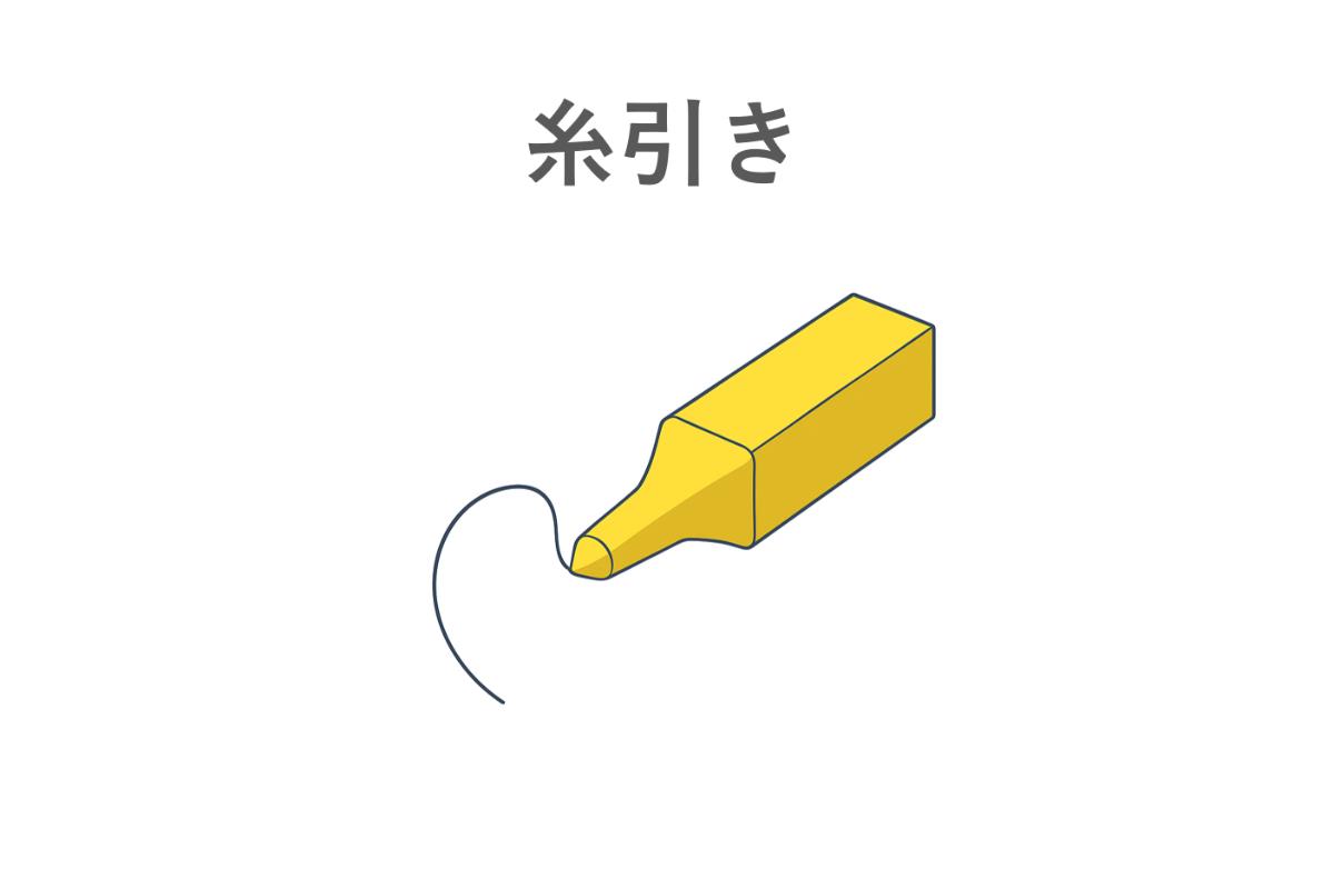 ノズル先端から糸状に引き伸ばされる糸引き不良の典型的な描写